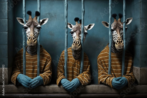 Stampa su tela Sad giraffes dressed as prisoners sit in prison, , created with Generative AI te