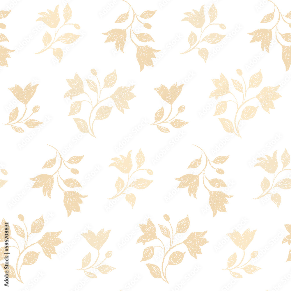 Fototapeta premium Seamless floral pattern, delicate flower ornament with soft rustic motif. Gentle botanical design for fabric, paper: light beige flowers twigs, leaves on a white background. Vector illustration.