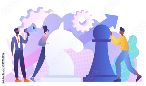 People with chess piece. Metaphor of planning and goal setting. Characters brainstorming and developing business strategy. Leadership and vision for future concept. Cartoon flat vector illustration