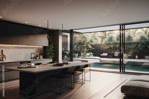 Rendered luxurious apartment kitchen and living area with outdoor pool. Generative AI