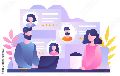 Candidate selection concept. Woman and man with laptop evaluate candidates for vacancy. Team of HR managers at work. Company staff expansion and recruitment. Cartoon flat vector illustration