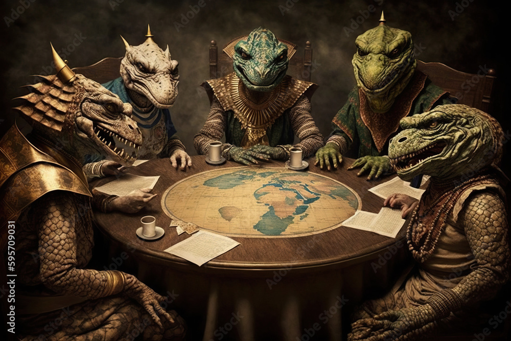 Reptilians Dressed As Monarchs Sit At A Round Table With A World Map Reptilians Dressed As Monarchs Sit At A Round Table With A World Map