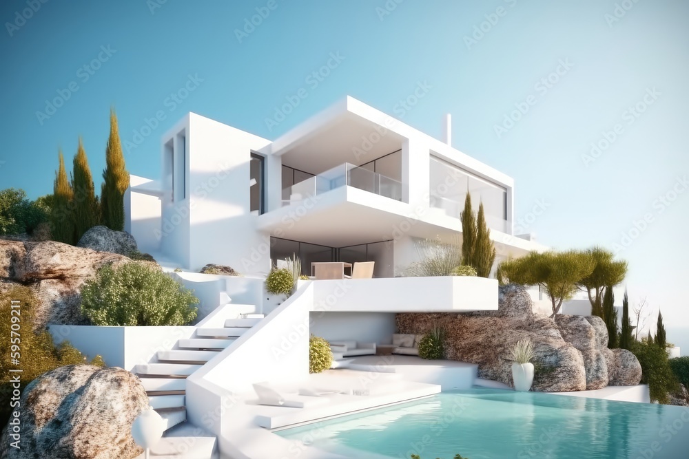 Fototapeta premium modern house with a luxurious outdoor swimming pool in 3D rendering. Generative AI