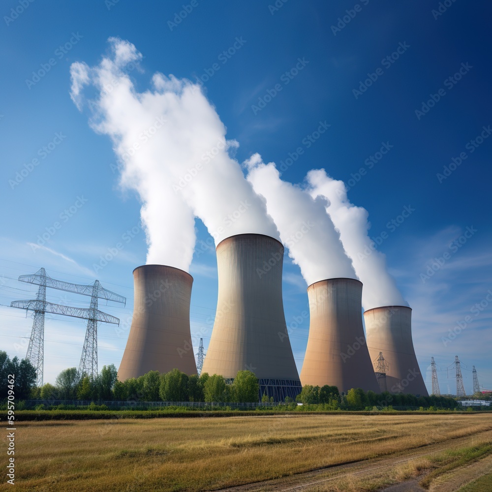 Power plant cooling towers steaming against a dark blue sky background. generative ai