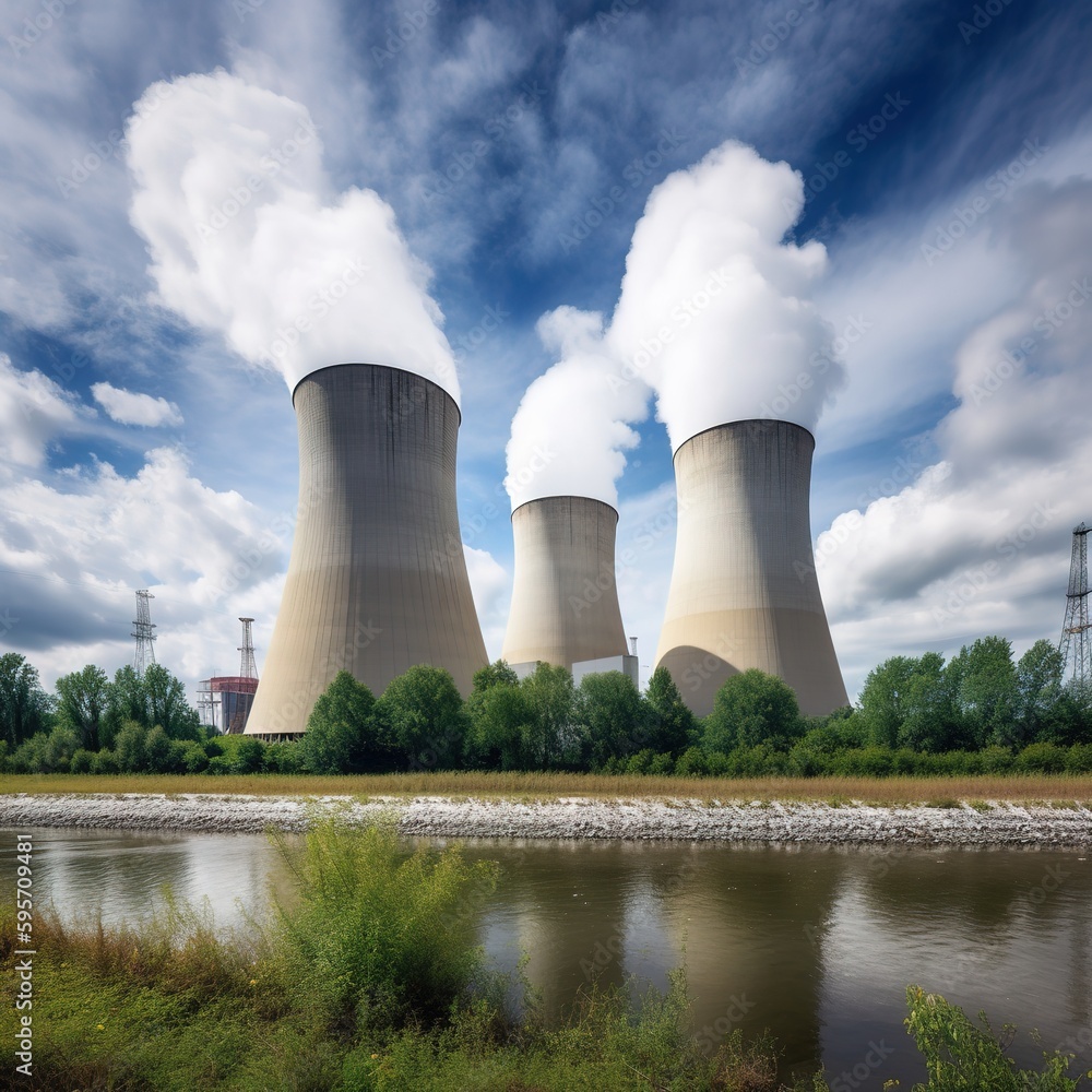 Power plant cooling towers steaming against a dark blue sky background. generative ai Power plant cooling towers steaming against a dark blue sky background. generative ai