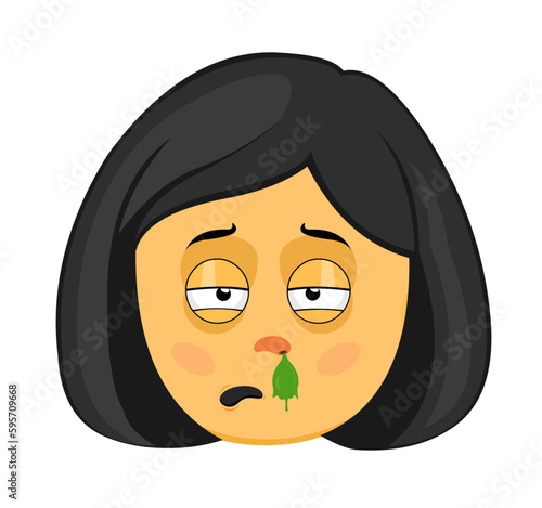 vector illustration emoticon face of a yellow cartoon woman with the flu with mucus falling from her nose