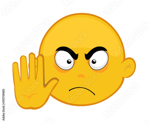 vector illustration emoticon of yellow cartoon character face with a gesture of his hand stop	 photo