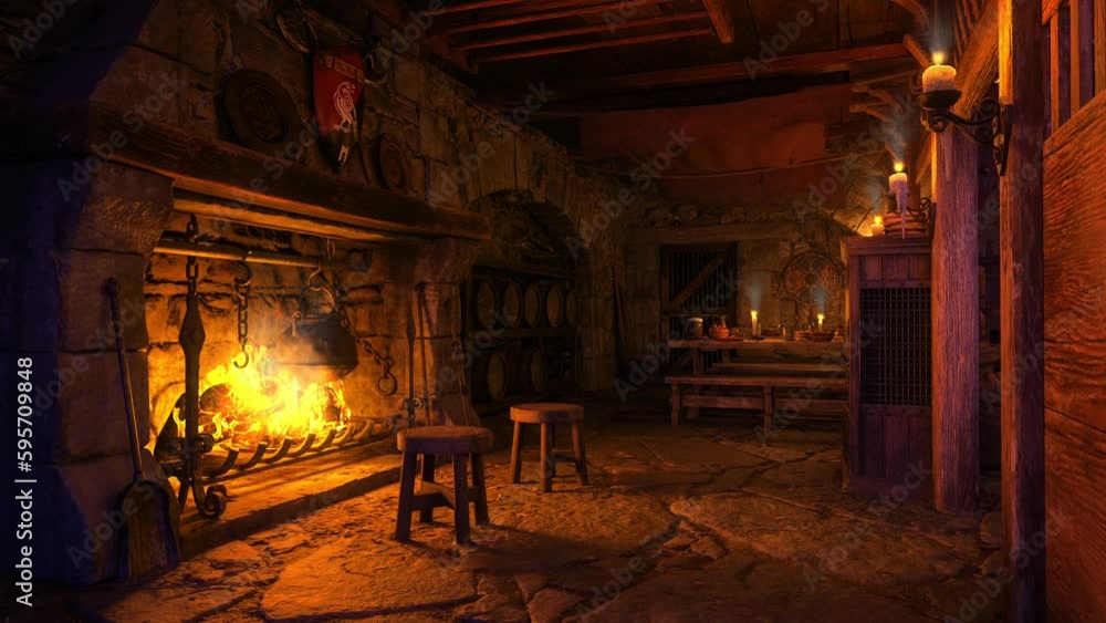 Fireplace with burning fire in an old medieval tavern bar. Candles flicker around the walls and on a dining table. Animation. Fireplace with burning fire in an old medieval tavern bar. Candles flicker around the walls and on a dining table. Animation.