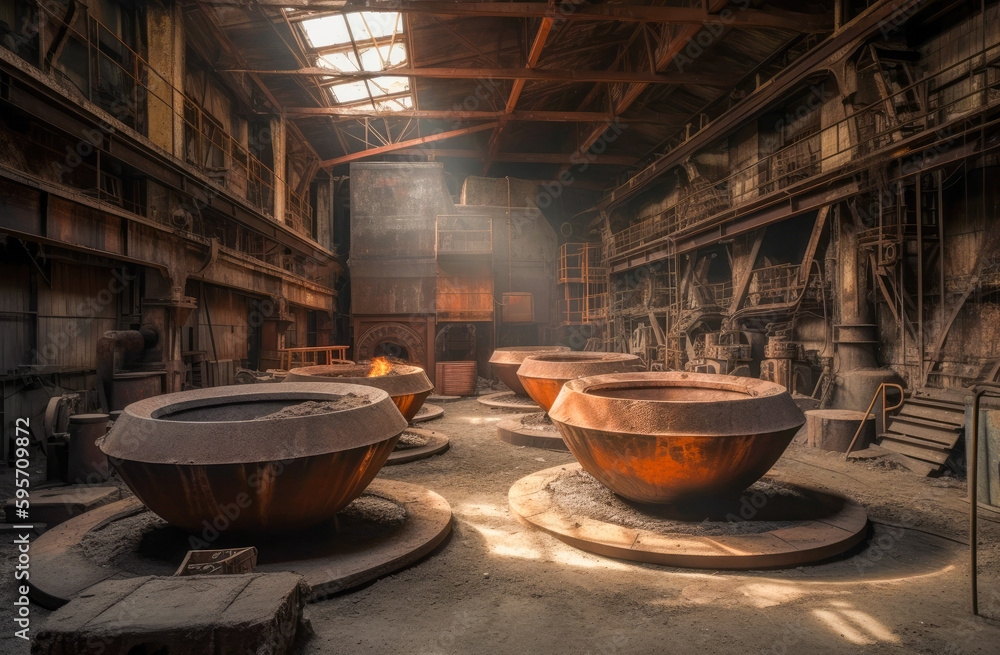 Ion smelting facility interior with large molten iron pots, generative ai Ion smelting facility interior with large molten iron pots, generative ai