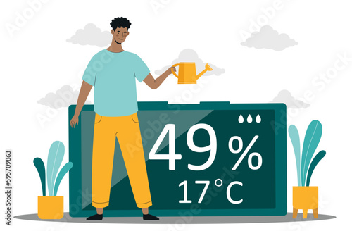Air humidity concept. Man with watering can stands in front of gadget or device. Healthcare and comfort at home. Young guy with hygrometer show atmosphere and climate. Cartoon flat vector illustration