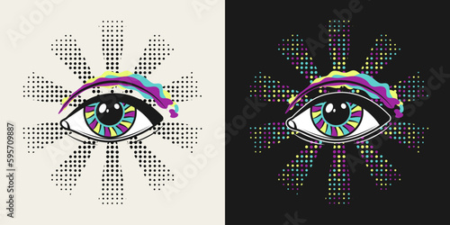 All seeing eye, eye of providence. Masonic symbol. Halftone radial beams behind. Colorful psychedelic illustration in vintage style. Good for groovy, hippie, mystical style
