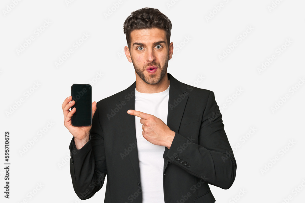 Young business caucasian man pointing to the side Young business caucasian man pointing to the side