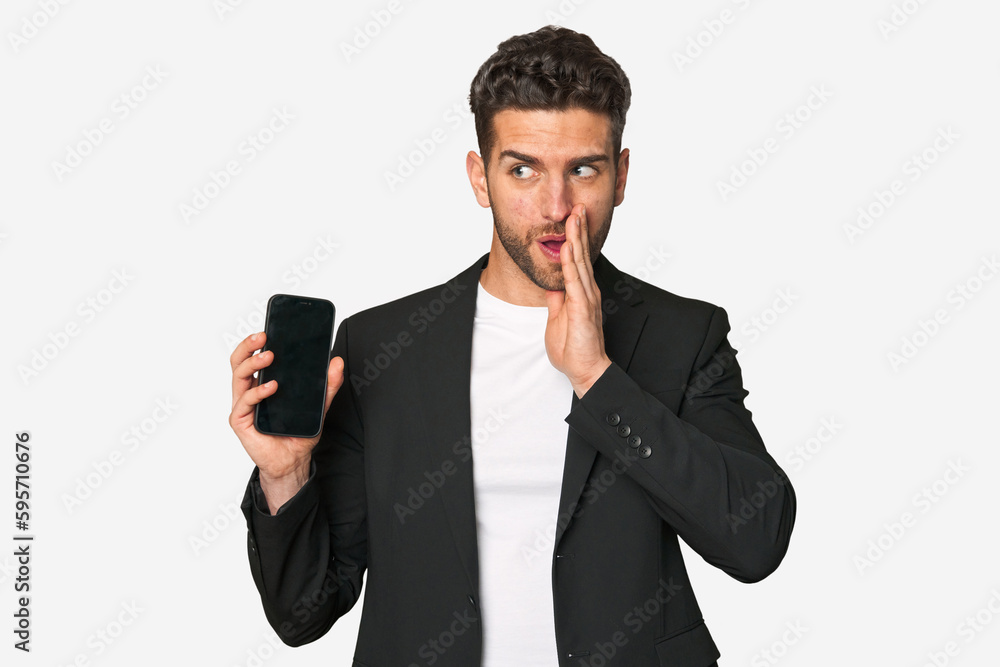Young business caucasian man is saying a secret hot braking news and looking aside Young business caucasian man is saying a secret hot braking news and looking aside