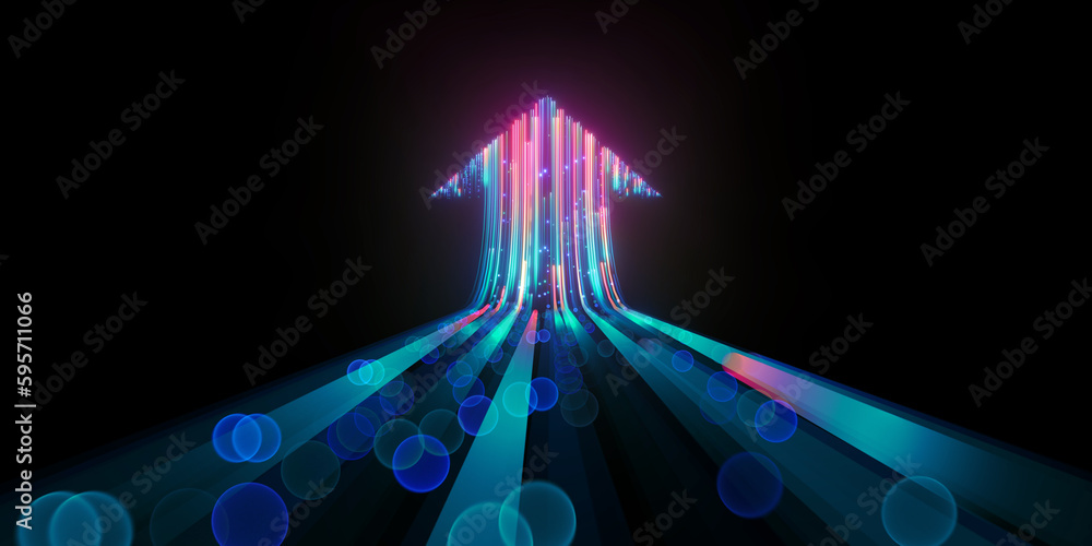 3d render, abstract neon arrow ascending. Technological success concept. Glowing colorful lines and bokeh lights - obrazy, fototapety, plakaty 