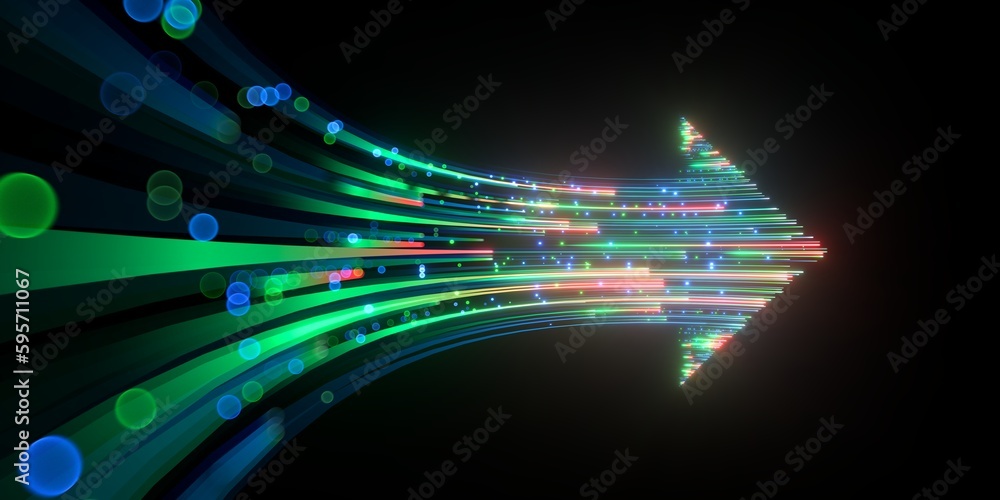 3d render, abstract neon arrow pointing right direction. Telecommunication technology concept. Glowing colorful lines and bokeh lights - obrazy, fototapety, plakaty 