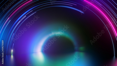 3d render  abstract black background with blurry neon lines  round arch and reflection