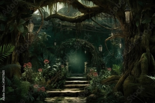 mysterious forest path leading to a green door. Generative AI