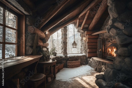 Cozy indoor wooden cabin, adorned with a stone fireplace and surrounded by a snowy forest. Generative AI