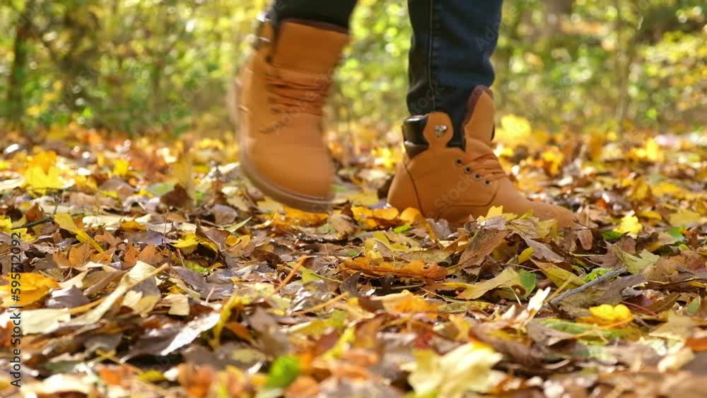 A man in red shoes walks through the autumn forest. Orange boots on yellow dry fallen leaves. Rest, relaxation in the autumn forest. Autumn concept of walking through forest. Recreation and travel. A man in red shoes walks through the autumn forest. Orange boots on yellow dry fallen leaves. Rest, relaxation in the autumn forest. Autumn concept of walking through forest. Recreation and travel.