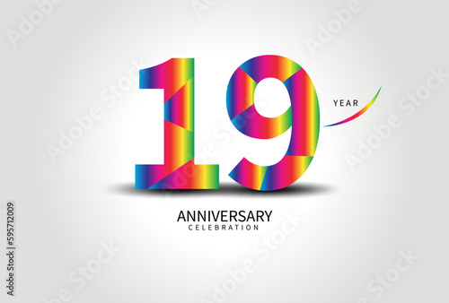 19 Year Anniversary Celebration Logo colorful vector, 19 Number Design, 19th Birthday Logo, Logotype Number, Vector Anniversary For Celebration, Invitation Card, Greeting Card. logo number Anniversary