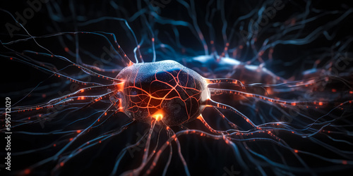 Active nerve cells. Neuronal network with electrical activity of neuron cells. Neuroscience, neurology, brain activity, nervous system and impulse, microbiology concepts. 