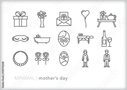 Set of Mother s Day line icons of themes  gifts  and activities to honor and celebrate mothers and grandmothers for the holiday