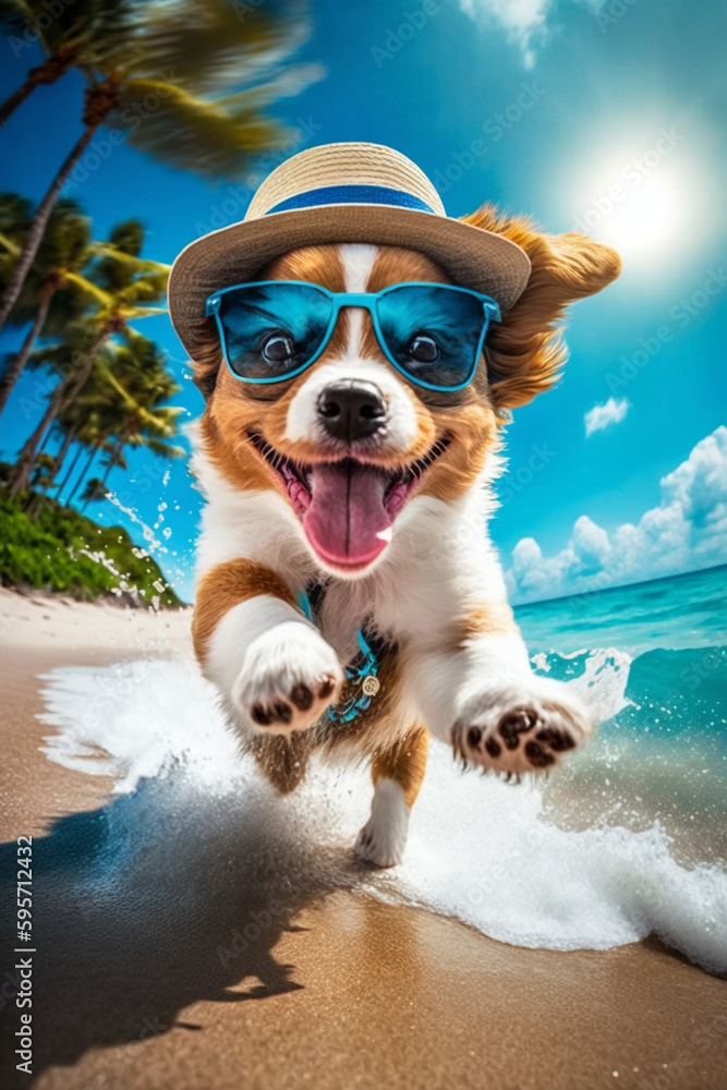A cute puppy in a hat and sunglasses runs along the sand on the sea coast under palm trees. AI Generated