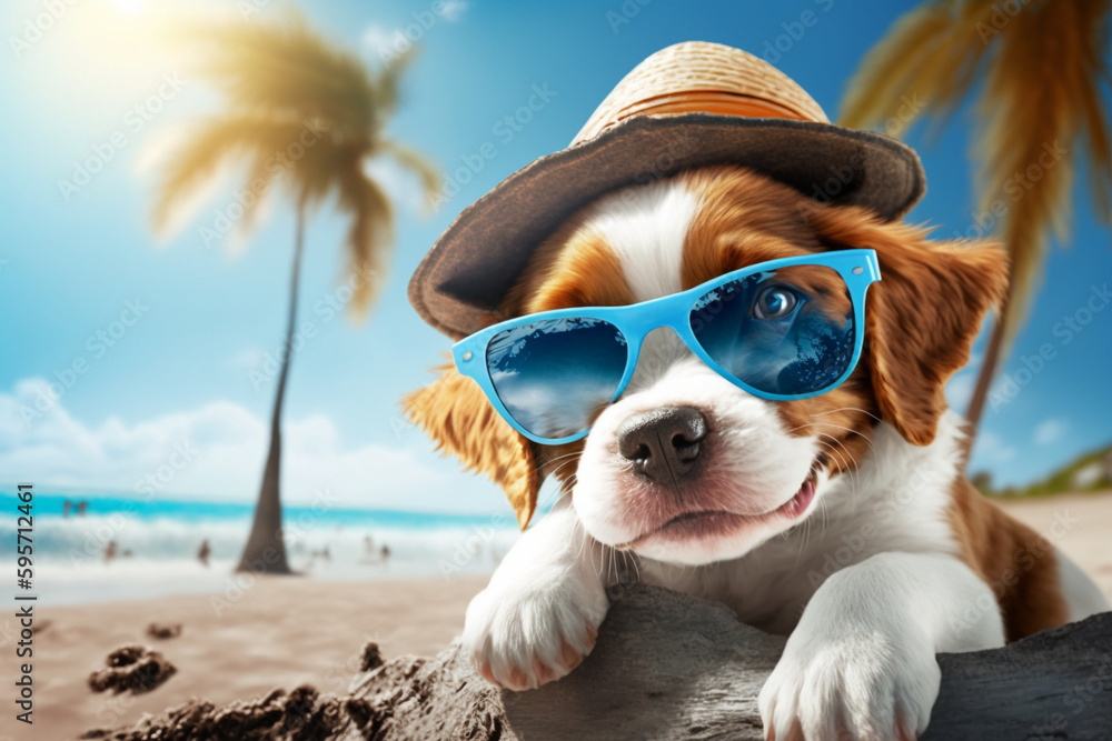 Cute puppy in a hat and sunglasses is resting on the sea coast under palm trees. AI Generated