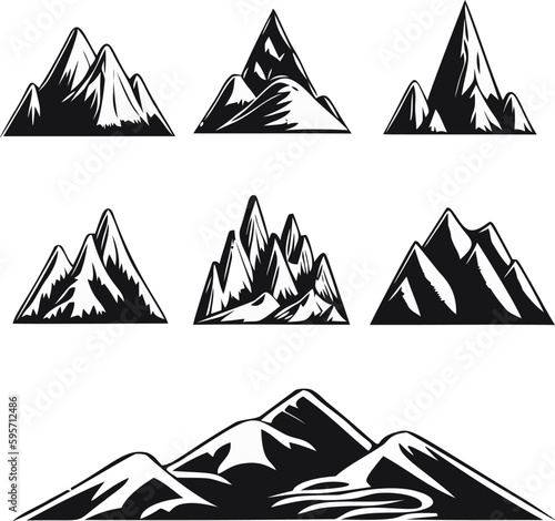 Mountain landscape element set. Summer mountains. Rocky mountains logo. Mountain peak silhouette. Rocky tourism icon. Rock mountain shape. Monochrome engraved rock ridge. Vector illustration.