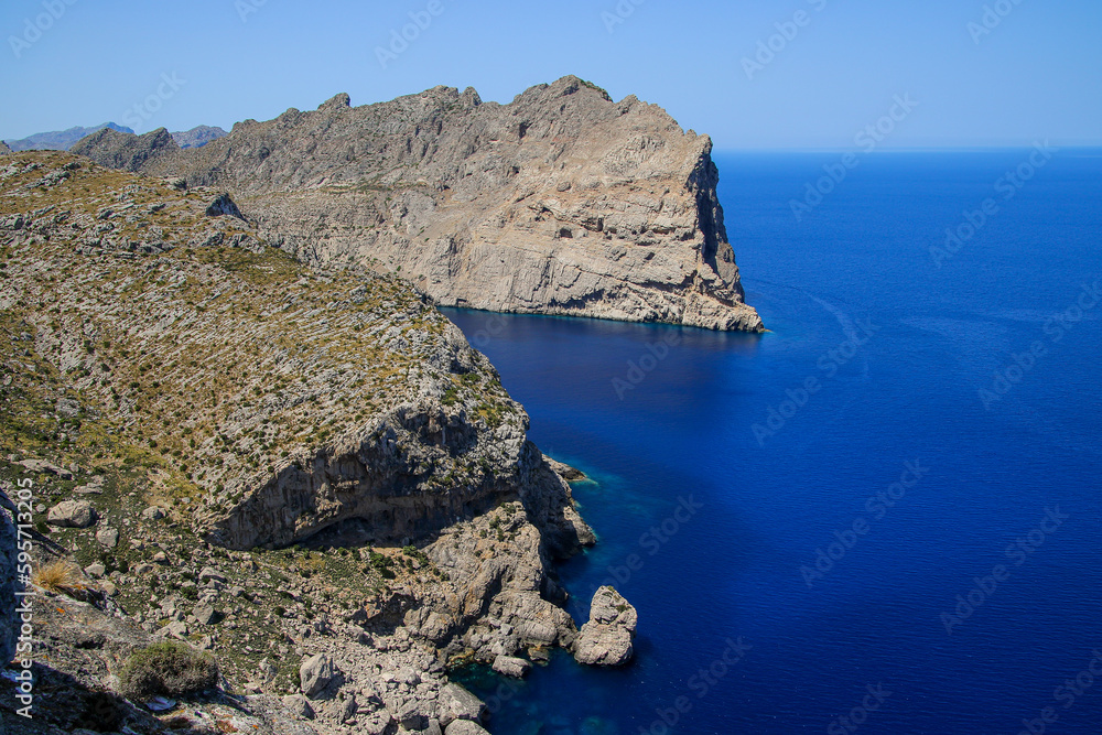 Cape Formentor seen from the viewpoint of Es Colomer in the north of Mallorca in the Balearic Islands, Spain