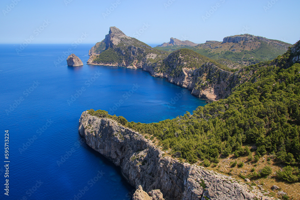 Cape Formentor seen from the viewpoint of Es Colomer in the north of Mallorca in the Balearic Islands, Spain