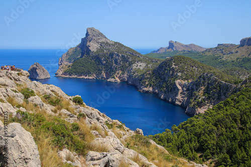 Cape Formentor seen from the viewpoint of Es Colomer in the north of Mallorca in the Balearic Islands, Spain