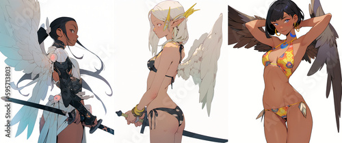 Various anime angels girls in a bikini. Characters on white background, collection.