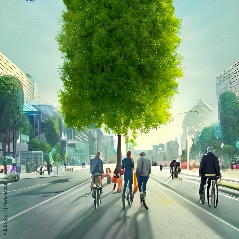 15 minute city concept, walking city town planning idea, limiting car use showing people walking  15 minuets and riding bikes illustration style city
