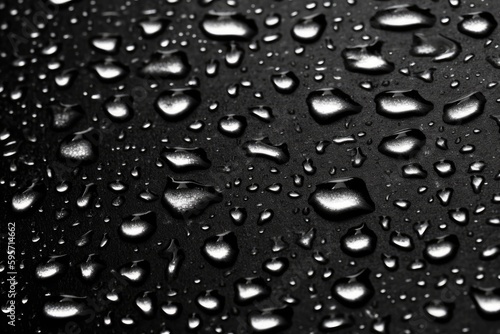 Close-Up of Water Droplets on a Black Surface. Generative AI