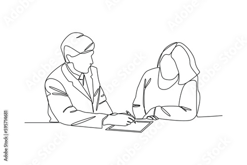 Continuous one line drawing male agent offers life insurance to woman. Insurance concept. Single line draw design vector graphic illustration.