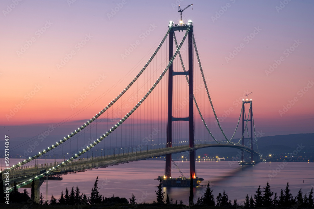 1915 Canakkale Bridge in Canakkale, Turkey. World's longest suspension bridge opened in Turkey. Turkish: 1915 Canakkale Koprusu. Bridge connect the Lapseki to the Gelibolu.