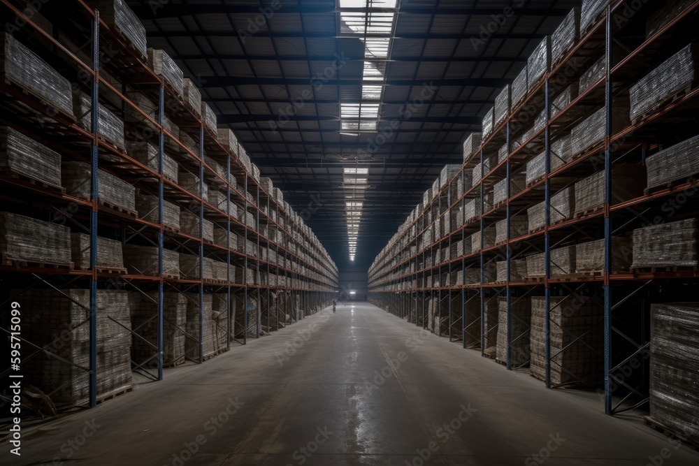 spacious warehouse with rows of shelves for storage. Generative AI