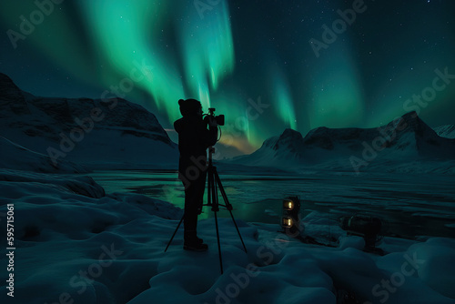Man capturing the aurora borealis phenomenon, arctic polar circle