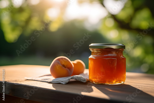 little glass jar with apricot jam on a wooden table against the background of green trees in summer. Generative AI