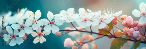 White cherry blossoms on a branch. Delicate Macro shot of almond blossom or sakura close up. Spring flowers of cherries tree