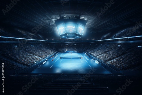 A modern tennis arena with blue court and spotlights from upper perspective. Features fans and 3D illustration background for professional tennis sport. Generative AI