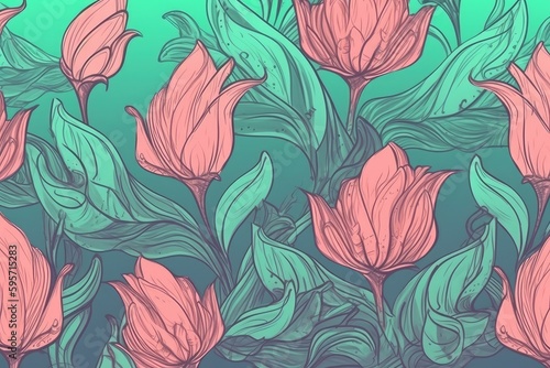 bouquet of pink flowers with green leaves on a white background. Generative AI