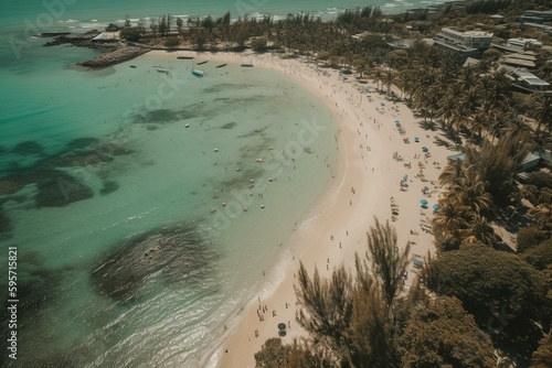 Bird's eye view of Flic en Flac beach on Mauritius Island. Generative AI photo