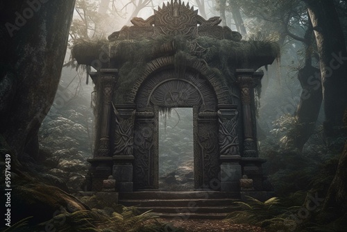 Concept art of ancient gate to Valhalla; a portal gate in a pine forest with a Norse and Viking mythological vibe. Enter the afterlife through the large gate. Generative AI photo