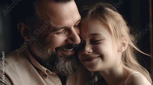 A Father's Love: Smiling Father and Daughter Embracing for Father's Day. AI Generative.