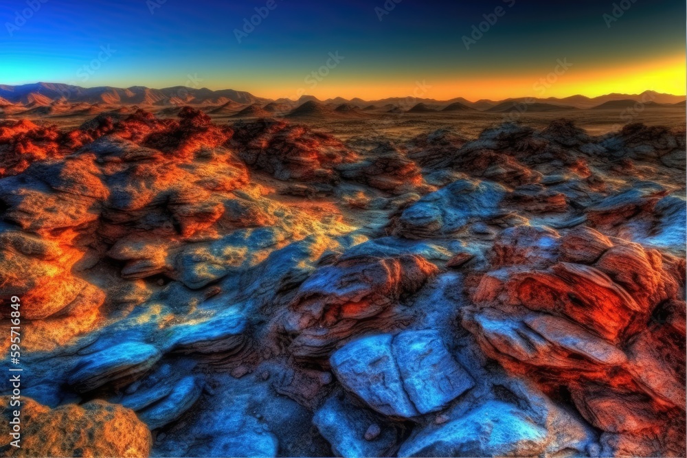 picturesque rocky landscape with a stunning sunset backdrop. Generative AI