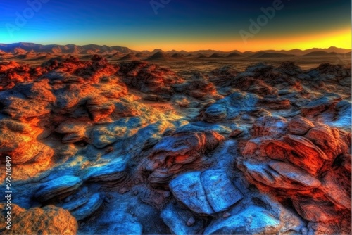 picturesque rocky landscape with a stunning sunset backdrop. Generative AI