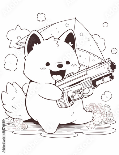 Black and White Illustration of Cute Anime Style Dogs