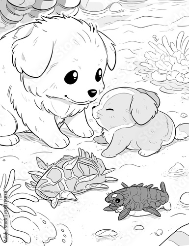 Black and White Illustration of Cute Anime Style Dogs